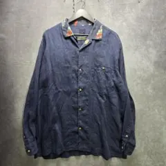 パパス リネンシャツ L 紺 花柄切替 麻100% 木製ボタン 日本製