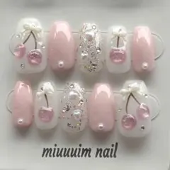 ネイルチップ ピンク さくらんぼ 韓国 ワンホン フレンチガーリー 推し活ネイル