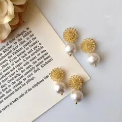 フラワー コットンパールピアス・フラワーイヤリング