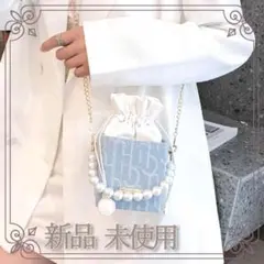 バケットバッグ デニム ドローストリング チェーン パール バッグ 新品 韓国
