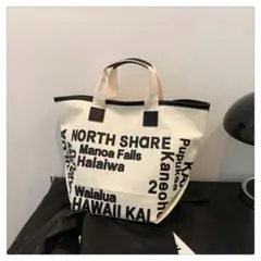 英文字ロゴデザイン ハンドバッグ 白×黒 キャンバストート 大容量 モノクロ