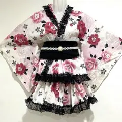 浴衣ドレス　大人用　姫ギャル　花　白　ピンク　バラ　フリルレース　黒　薔薇