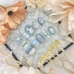 252 水色 青 ブルー系ハンドメイド ネイルチップセット 10枚