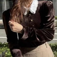 ダークブラウン ベルベット フリル襟 長袖トップス