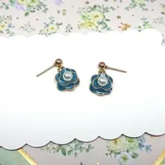 No.261☆パール付フラワー（ブルー） ピアス イヤリング マスクチャーム