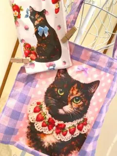 猫バッグ　チェック柄　ドット　サビ猫　トートバッグ　ピンク　猫グッズ　バッグ