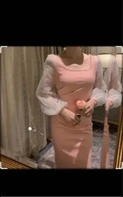 ピンク シースルー袖 スクエアネック タイトフィット ドレス