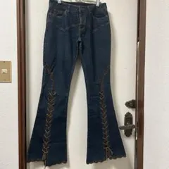 ダークブルー ブーツカットデニム パンツ 編み上げレア W64