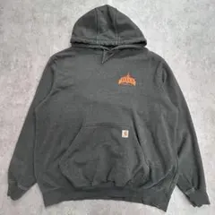 カーハート　パーカー　マフポケット　古着　ブランドロゴ　チャコールグレー　XL