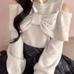 evelyn リボン付きオフショルダー ニットセーター ホワイト