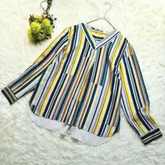 ミキシングブルー　ブラウス　(M)　長袖　シャツ　マルチストライプ 　きれいめ
