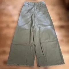 カーキ ワイドデニムパンツ フリンジ仕上げ