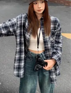 shein チェックシャツ　青　ブルー　韓国