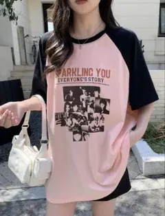 SHEIN Dazy Weekend ラグランTシャツ ピンク ブラック