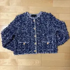 ZARA レディース　ツイード風　ノーカラージャケット ブルー