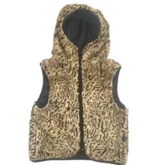 ヒョウ柄 フード付き ファーベスト リバーシブル 黒 ブラック 豹柄 Sサイズ