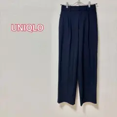 【良品】UNIQLOレディースタックワイドパンツ　ストライプ柄ネイビーXSサイズ