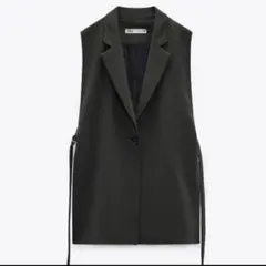 ZARA　ザラ　サイドスリットベスト　ロングジレ　グリーン　XS