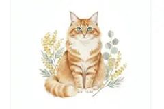 猫とミモザ ユーカリ　イラスト　ハガキサイズ　匿名配送