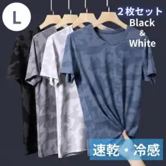 【Ｌ】2枚セット ブラック ホワイト メッシュ生地 Tシャツ 速乾 冷感