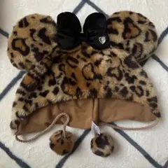 ヒョウ柄 ミッキー耳帽子 黒リボン付き　ファンキャップ