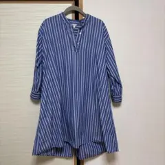 ON LOVE OFF ブルーストライプ 七分袖 シャツワンピースL
