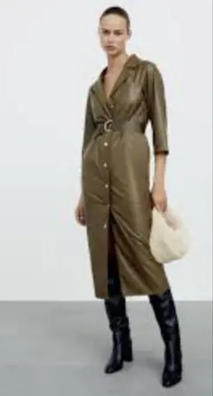 ZARA ワンピース　レザー調　ソフトレザー　カーキ　ロング　長袖　ザラ