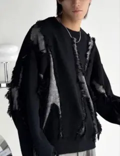 ダメージ加工 クルーネックニット ブラック