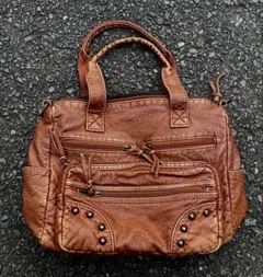 レザー ミニボストンバッグ ハンドバッグ ブラウン スタッズ Y2K 平成 レア