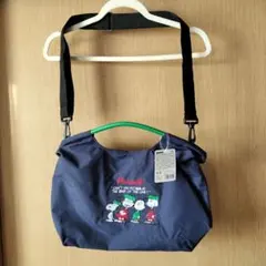 ①①スヌーピー ナイロン刺繍 軽量2way トートバッグ ショルダーバッグ 紺系