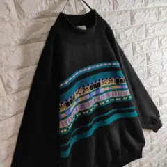 立体ニットセーター ジャガード モックネック 幾何学模様 ボーダー 黒 L