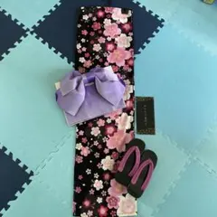 浴衣・帯・下駄セット　黒　ピンク　紫　花柄　美品　3点セット　説明書付き