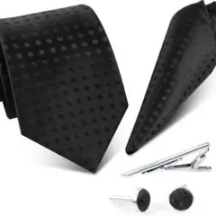 【ネクタイ 5点セット】チーフ タイピン ブラック　ドット柄