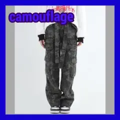 デニム ワイドレッグ ジーンズ ワイドパンツ ワイドデニム カジュアル 迷彩 L