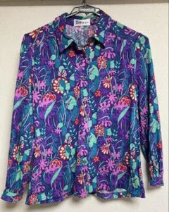 花柄 サイケ 長袖シャツ パープル サイズ L ヴィンテージ カラフル 総柄 紫