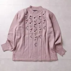 90s 花刺繍 ニット ピンク モックネック ウール100% 古着