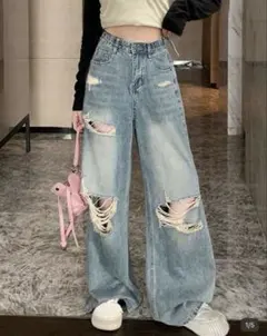 SHEIN★ ワイドレッグウォッシュ加工ダメージデニム　size JPS（S）