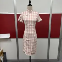 チャイナドレス ピンク チェック柄 半袖
