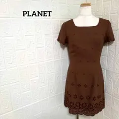 ワンピース 半袖 刺繍 フォーマル パーティー デート 上品 ブラウン 茶色 M