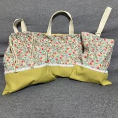 ハンドメイド　いちご柄レッスンバッグ　体操服袋　上靴袋　女の子　3点セット