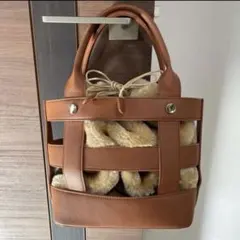 ハンドバッグ　ファー　巾着　キャメル