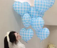 ブルーチェック柄ハートバルーン4枚お誕生日バースデー風船記念飾りイベント100日