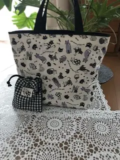 ♡ハンドメイドトート＊ネコ柄＊ギンガムチェック＊リバーシブル＊ミニ巾着付き