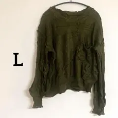 【L】 オリーブ色 長袖 ニットセーター 胸ポケット アクリル100%
