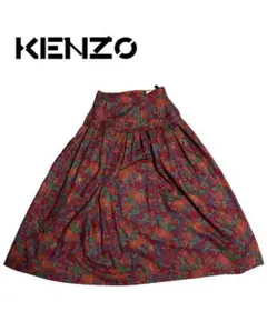 ケンゾー KENZO ヴィンテージ ロングスカート イージースカート 総柄 プリント ギャザー コットン 赤 レッド 系 M NGA35 レディース Vintage KENZO ヴィンテージ オールド ケンゾー 「M