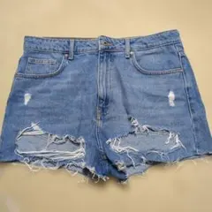 ダメージ加工　デニムパンツ デニムショートパンツ　ライトブルー