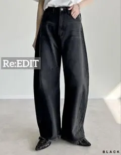 k0235 Re:EDIT 裾フリンジバレルレッグデニムパンツ　ブラック