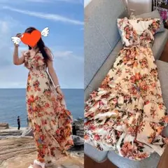 フラワープリント ノースリーブ ロングワンピース