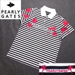 【パーリーゲイツ】人気ビッグロゴネーム×ボーダー柄総柄 半袖ゴルフポロシャツM