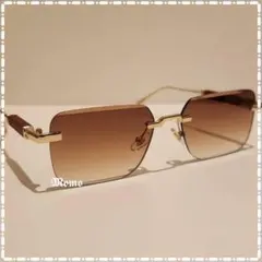 ◀︎リムレス サングラス 度なし ブラウン ウッド 木製 金色装飾